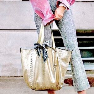 HENRI BENDEL Astrid Reversible Leather Suede Metallic Gold Snakeskin Python Hobo